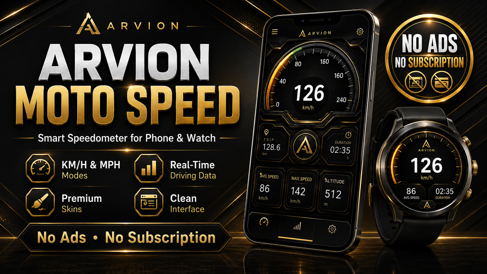 ARVION MOTO SPEED GPS motorcycle speedometer dashboard for Android and Wear OS